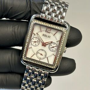 Relic by Fossil ZR15627 Tank Day-Date Crystal Bezel Silver SS 31mm Dress Watch